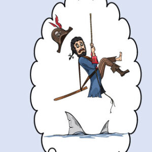 pirate dangling by rope over sharks